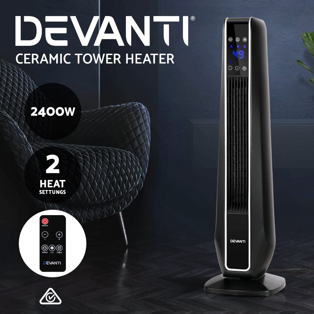 Appliances > Heaters Devanti Electric Ceramic Tower Fan Heater Portable Oscillating Remote Control 2400W Black