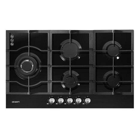 Appliances > Kitchen Appliances Devanti Gas Cooktop 90cm 5 Burner Stove Hob Cooker Kitchen NG LPG Black Glass