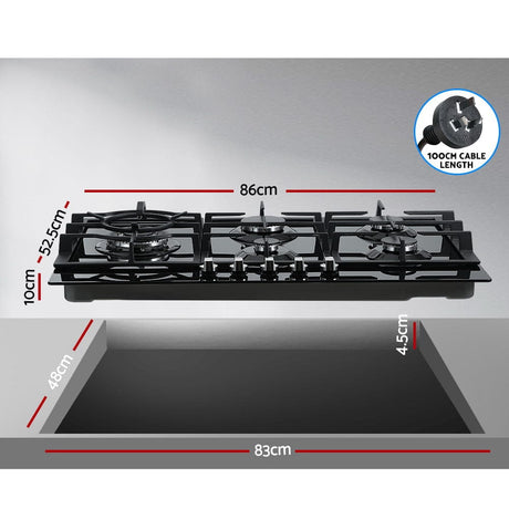 Appliances > Kitchen Appliances Devanti Gas Cooktop 90cm 5 Burner Stove Hob Cooker Kitchen NG LPG Black Glass