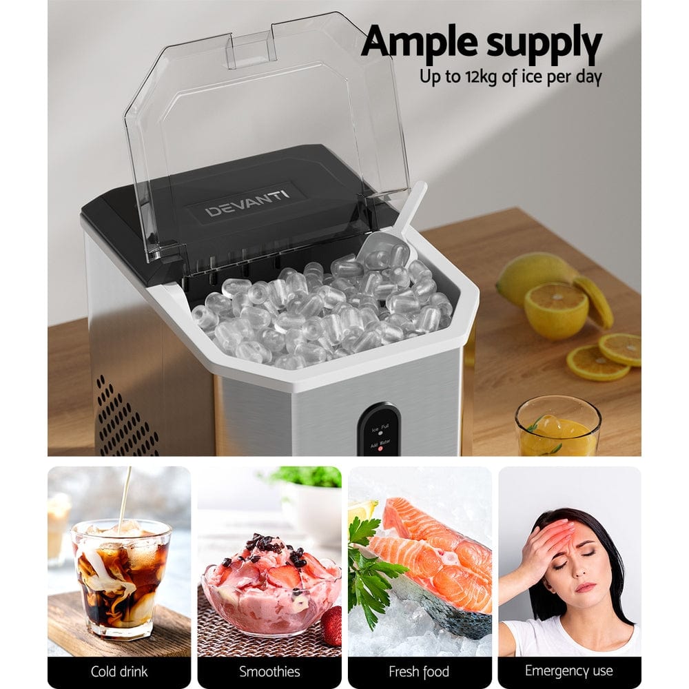 Appliances > Kitchen Appliances Devanti Portable Ice Maker Machine Ice Cube 12kg Bar Countertop Stainless Steel