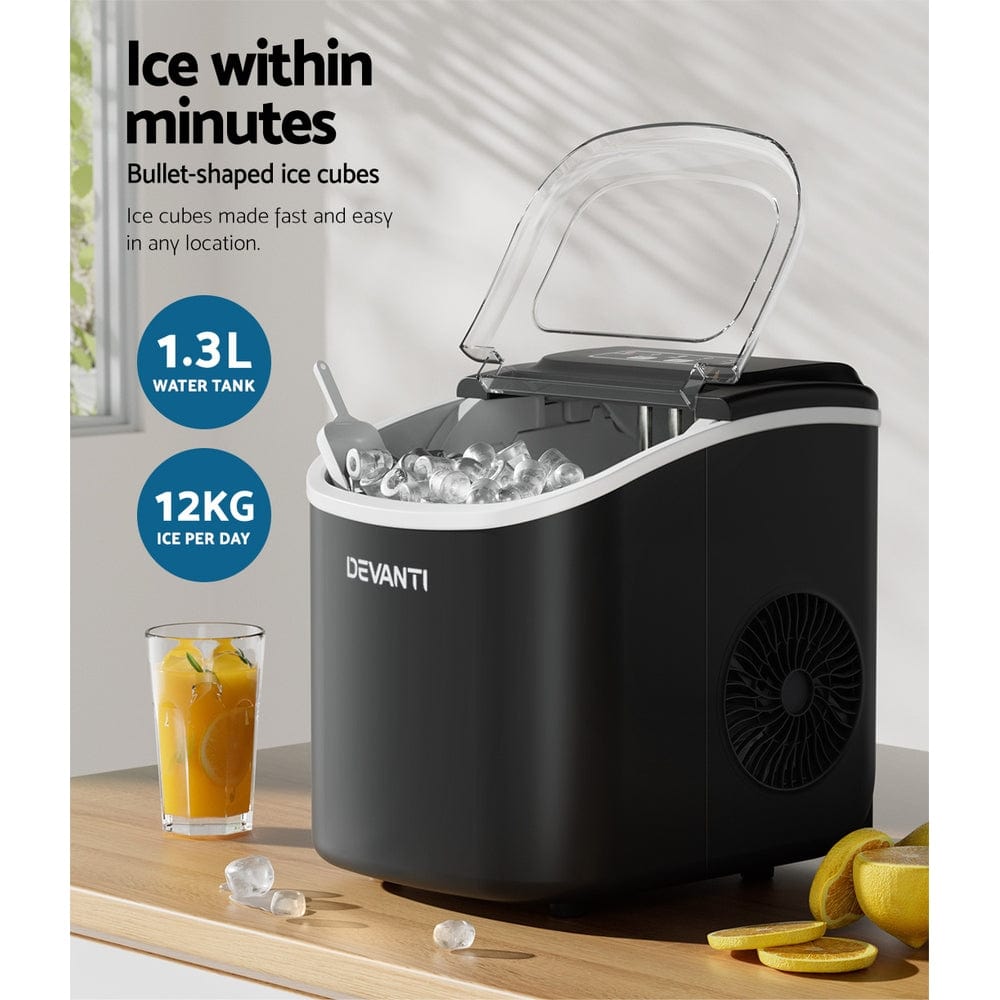 Appliances > Kitchen Appliances Devanti Portable Ice Maker Machine Ice Cube Tray 12kg Bar Countertop Black