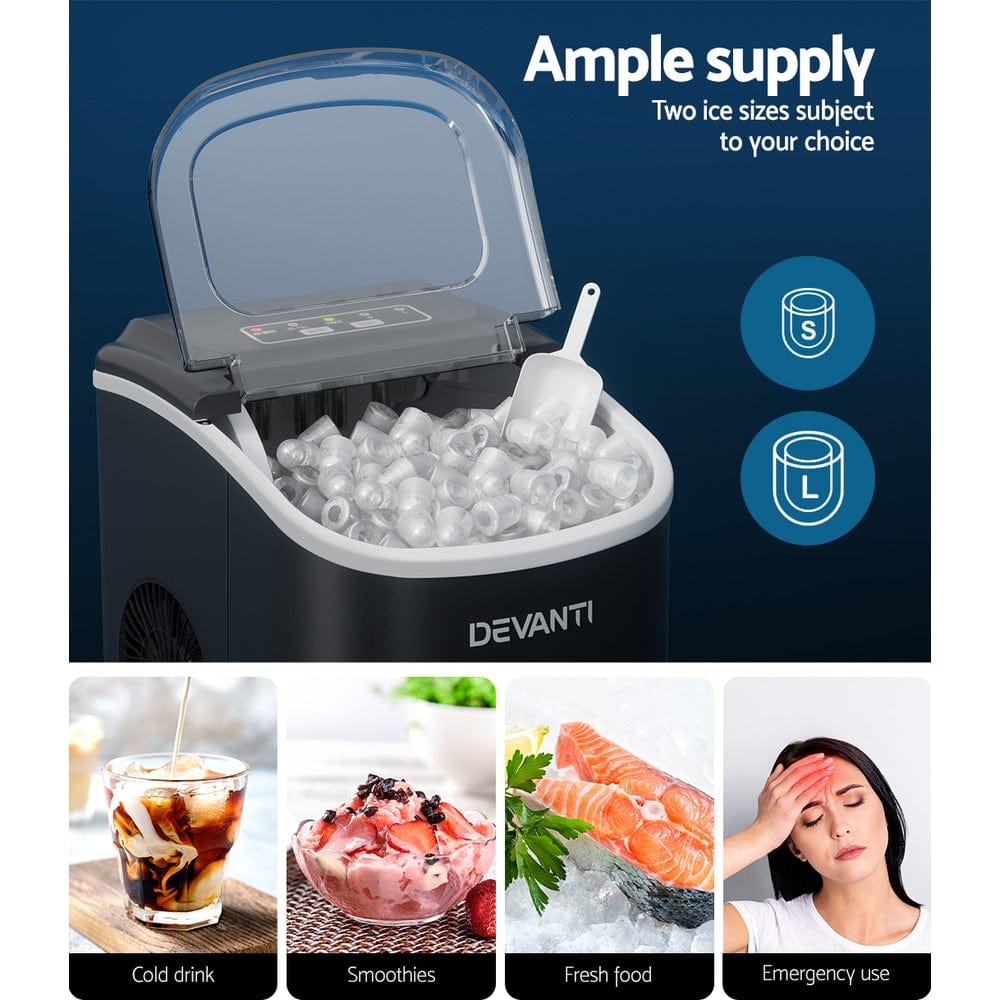 Appliances > Kitchen Appliances Devanti Portable Ice Maker Machine Ice Cube Tray 12kg Bar Countertop Black