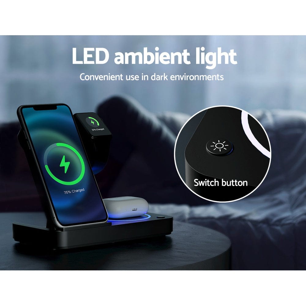 Electronics > Battery Chargers & Power Devanti 4-in-1 Wireless Charger Station Fast Charging for Phone Black