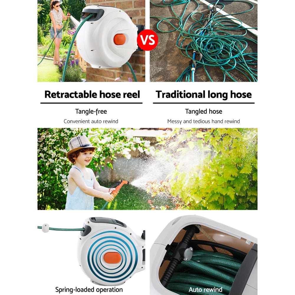 Home & Garden > Garden Tools Greenfingers Retractable Hose Reel 20M Garden Water Brass Spray Gun Auto Rewind