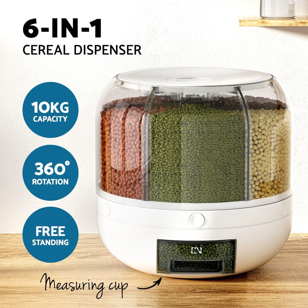 Home & Garden > Kitchenware 6-In-1 Cereal Dispenser Rotating Grain Container 10KG Rice Storage Dry Food Box