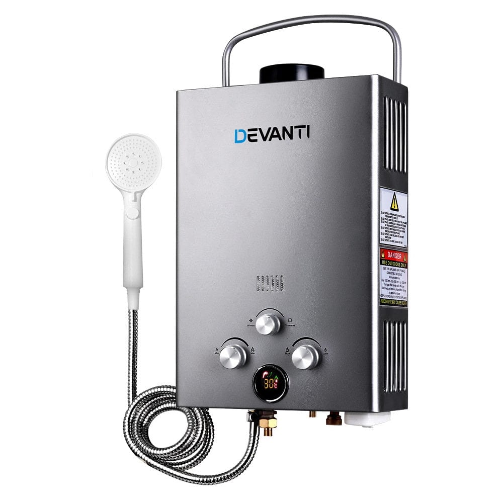 Outdoor > Camping Devanti Outdoor Gas Hot Water Heater Portable Camping Shower 12V Pump Grey