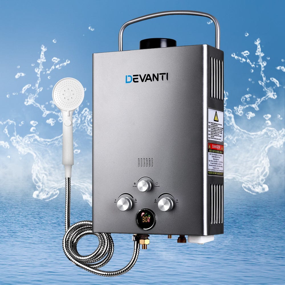 Outdoor > Camping Devanti Outdoor Gas Hot Water Heater Portable Camping Shower 12V Pump Grey