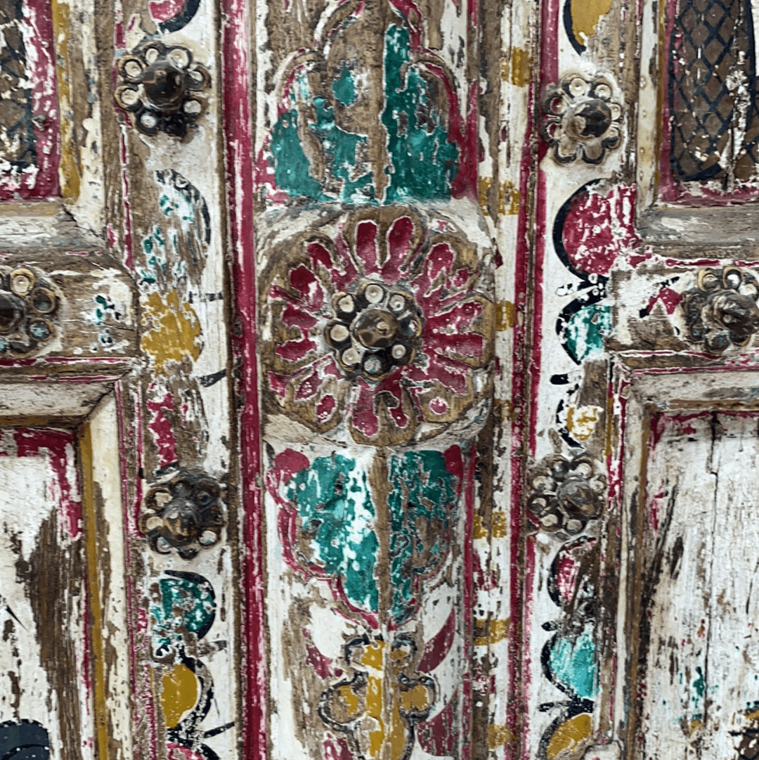 Home Decor Stunning Hand-Painted Wooden Art Door Panel from India - On Iron Legs Antique Hand-Painted Wooden Art Panel from India - Impulse Imports