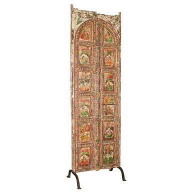 Home Decor Stunning Hand-Painted Wooden Art Door Panel from India - On Iron Legs Antique Hand-Painted Wooden Art Panel from India - Impulse Imports